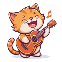 Illustration of a cute cat holding a guitar and singing png