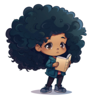 Jeune mignonne afro fille en train de lire une livre png