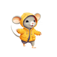 Cute happy mouse wearing yellow raincoat. Autumn raincoat protects from rain, leaves and cold png