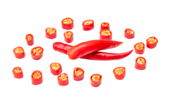 Top view set of red chili pepper or cayenne pepper with slices in stack isolated with clipping path in file format png