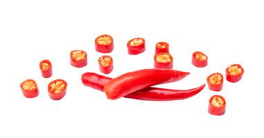 Top view set of red chili pepper or cayenne pepper with slices in stack isolated with clipping path in file format png