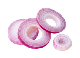 Top view set of red or purple onion rings or slices in stack isolated with clipping path in file format png