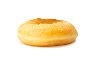 Side view of single sugar glazed cinnamon donut isolated with clipping path and shadow in file format png