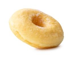 Side view of single sugar glazed cinnamon donut isolated with clipping path and shadow in file format png