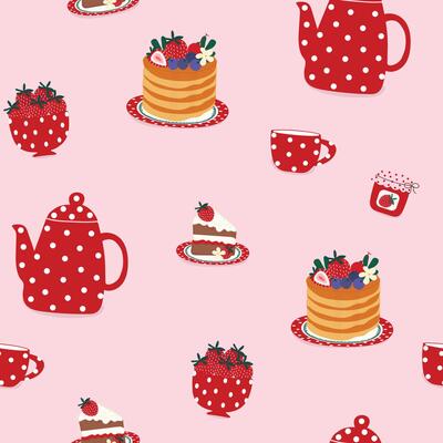 cute tea set with strawberry cake hand drawn seamless pattern illustration for invitation greeting birthday party celebration wedding card poster banner textile wallpaper paper wrap background
