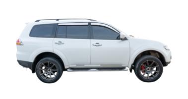 Side view of single white SUV car isolated with clipping path in file format png