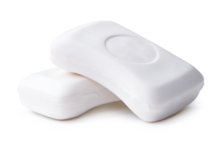 Side view of two bars of dry white soaps in stack isolated with clipping path and shadow in file format png