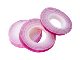 Top view of red or purple onion rings or slices in stack isolated with clipping path in file format png