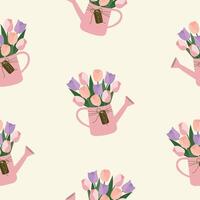 tulip flowers bouquet in watering can hand drawn seamless pattern for invitation greeting birthday party celebration wedding card poster banner textile wallpaper paper wrap background vector