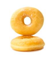 Front view of two sugar glazed cinnamon donuts in stack isolated with clipping path and shadow in file format png