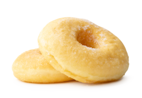 Side view of two sugar glazed cinnamon donuts in stack isolated with clipping path and shadow in file format png