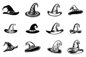 Set of different witch hats isolated on white background style vector