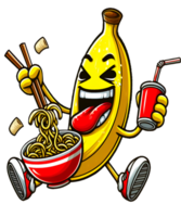 Funny banana eats ramen cartoon png