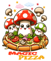 Magia pizza com cogumelos e cogumelos, desenho animado estilo png