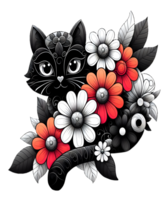 Black Cat With Colorful Flowers png