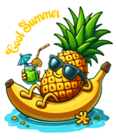 Cartoon pineapple lies on a banana with a drink and sunglasses png