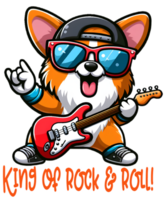 desenho animado corgi jogando guitarra com a texto rei do Rocha e lista png