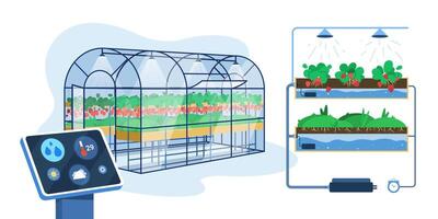 plano invernadero con inteligente innovación tecnología para creciente o automatización riego plantas. agrícola cultivo, hidropónico jardinería sistema con controlar digital dispositivo. granja industria concepto. vector