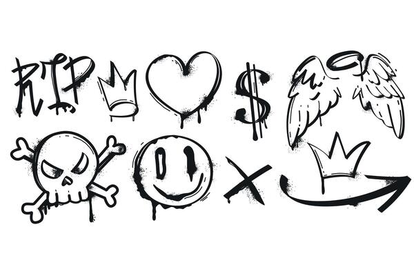 Black paint spray graffiti with heart, angel wings, crown, skull, arrow and cross symbols. Painted elements isolated on white background. Street art with splatter and drips.