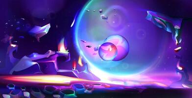 Cartoon alien planet landscape with rocks, satellites and stars in night sky. Space background with purple galaxy sky with moon, ground surface with crystals and lighted crack. Computer game backdrop. vector