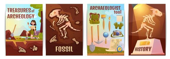 Cartoon set of posters with scientist archaeologist with old artifacts. Excavation tools for search archeology treasures, fossil animals, prehistoric dinosaur skeleton in ground and museum of history. vector