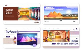 Cartoon banners with pyramids and temples in sand desert. Set of landing pages with architecture buildings of ancient Egypt, pyramids, gods and old palace with treasures. vector