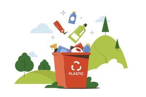 plano ilustración basura lata con el plastico residuos para reciclaje y desecho. basura compartimiento con vacío embalaje botellas clasificación caja para reducir ambiental contaminación. ecología o reciclar concepto. vector