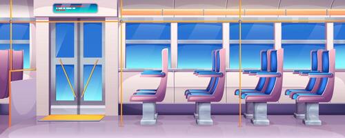 Cartoon bus interior with chairs, window and handrails. Public city transport with digital display above entrance and exit doors. Train or autobus inside with comfortable passenger seats with armrests vector
