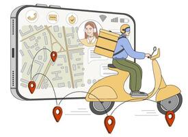 Fast delivery service. Flat courier with backpack on scooter delivers food, parcels or mails. Man on motorcycle and online shipping application smartphone with navigator pin or gps mark on city map. vector