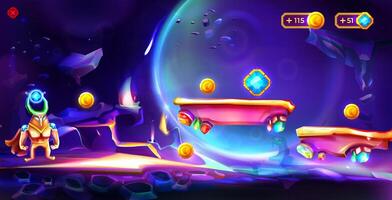 Cartoon cosmic game with platforms, astronaut and crystal bonus or assets. Space background with spaceman, alien landscape with stages and planets in sky. Gui futuristic adventure with cosmonaut. vector