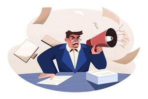 Flat angry boss yell in loudspeaker. Male office character with aggressive face expression yelling. Business man scolding and shouting using megaphone. Furious director sitting and screaming loud. vector