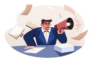 Flat angry boss yell in loudspeaker. Male office character with aggressive face expression yelling. Business man scolding and shouting using megaphone. Furious director sitting and screaming loud. vector