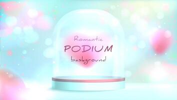 Realistic podium with empty protection cover. Acrylic exhibition display case with glass dome on glitter, abstract blur or shine pastel gradient background. Platform of cylinder shape for presentation vector