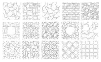 Set of hand drawing paving stone and brick textures. Outline seamless patterns of street pavement. Cobblestone wall or path, floor tiles top view. Textured natural backgrounds design elements. vector