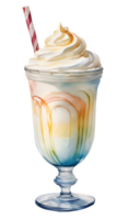 Watercolor and painting cold milk shake with whipped cream caramel and colorful candy topping in plastic glass. Fresh drink Illustration png