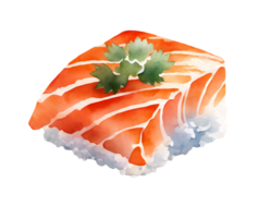 Watercolor and painting salmon sushi. Homemade Japanese food Illustration png