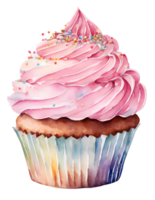 Aquarell und Gemälde Cupcakes mit Beeren und bunt Süßigkeiten Belag auf Erdbeere Creme. hausgemacht Dessert Bäckerei Illustration png