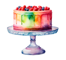 Watercolor and painting wedding cakes with berries topping on strawberry cream. Homemade dessert bakery Illustration png