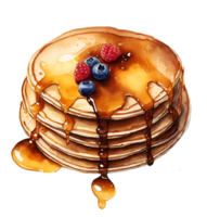 Watercolor and painting pancakes with berries and honey or maple sweet syrup. Homemade dessert bakery Illustration png