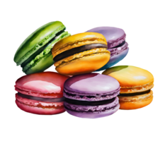 Watercolor and painting colorful macaroons or macarons and cream. Homemade dessert bakery Illustration png