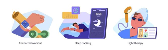 conjunto de dormir seguimiento, ligero terapia y conectado ejercicio. digital rastreador y diagnóstico dormido aplicación para sano control. inteligente aptitud con usable dispositivo para salud supervisión. vector