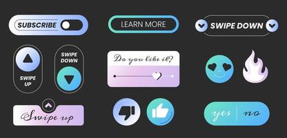 Social media reactions. Flat icons, web design elements on black background. Swipe up, swipe down, learn more, subscribe, stickers and button yes or no. Blogging and communication concept. vector