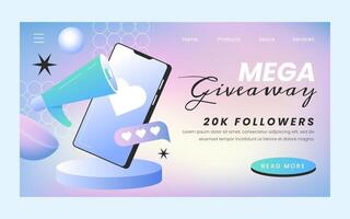 Giveaway landing page template design with megaphone and mobile phone. Attracting followers. Social media website for announcement, special event or internet advertising purple illustration. vector