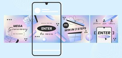 Instagram post carousel templates banner. Internet application on the screen of smartphone device. Design background for social media. purple mockup template with text and places for photo. vector