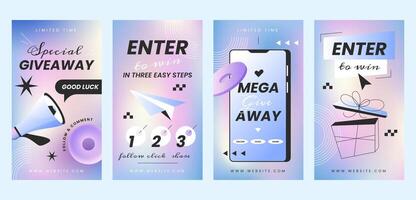 Giveaway posters or banners templates. Social media stories or post design collection. Contest winner announcement with gift box flat illustration. Prize win competition for follower. vector