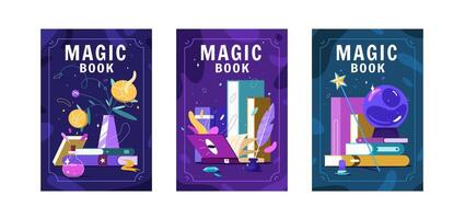 Flat magic book posters or flyers. Literature piles with colourful covers and magical ball. Ancient source of knowledge. Reader club, bookshop or reading hobby concept. vector