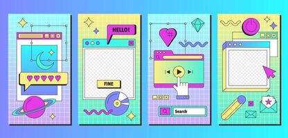 Retro linear vaporwave post and banners template in y2k style. Set of vintage social media ig posts and stories with aesthetic user interface elements. Old computer windows flat illustration. vector