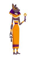 Flat ancient Egyptian goddess Bastet with head of cat. Egypt sacred animal headed woman, feline deity of domesticity and home isolated on white background. Antique mythological character from history. vector