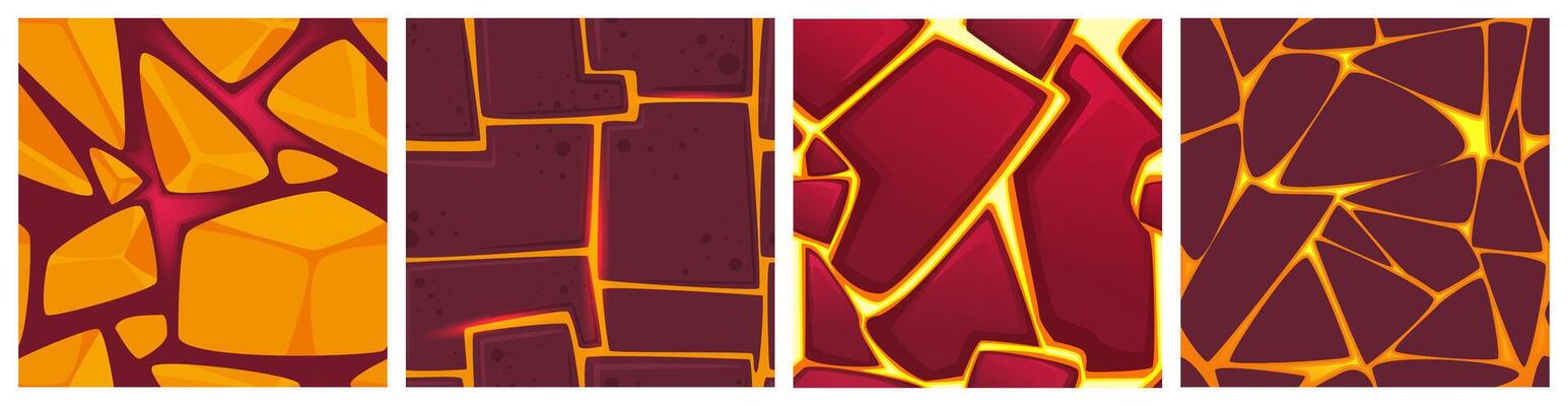Cartoon top view backgrounds of liquid lava flows with stones or hot orange magma in ground cracks for game. seamless patterns of volcano eruption, cracked rock with glow plasma inside.