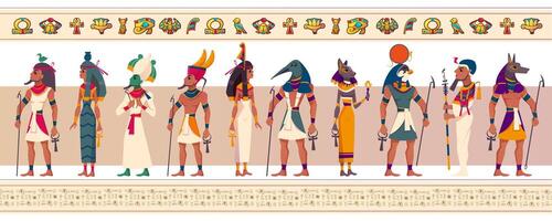 Set of ancient Egyptian gods and goddesses. flat characters of Egypt mythology, myth Cairo statues. Ra, Bastet, Maat, Thoth, Anubis and Geb with religious symbols isolated on white background. vector